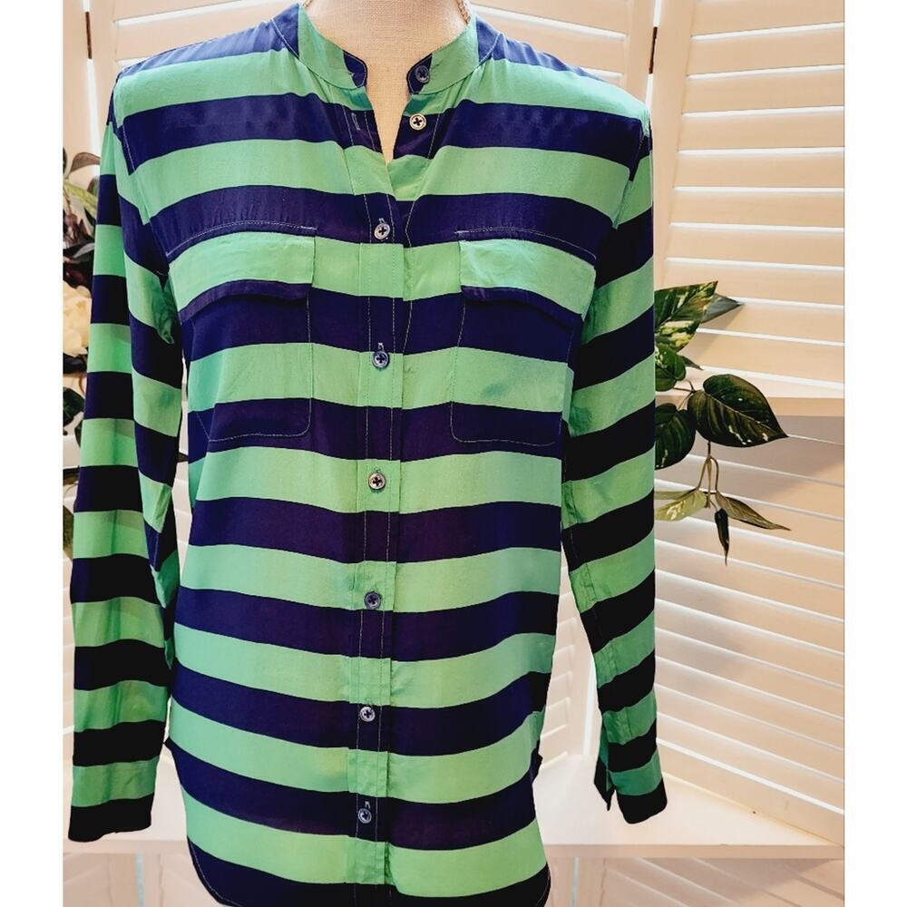 EQUIPMENT BLUE/GREEN SILK STRIPE BUTTON DOWN BLOUSE SIZE SMALL